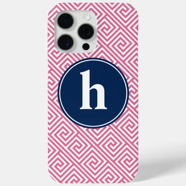 Pink and Navy Blue Greek Key Pattern Monogram Case-Mate iPhone Hülle (Rückseite)