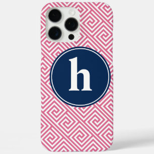 Pink and Navy Blue Greek Key Pattern Monogram iPhone 16 Pro Max Hülle