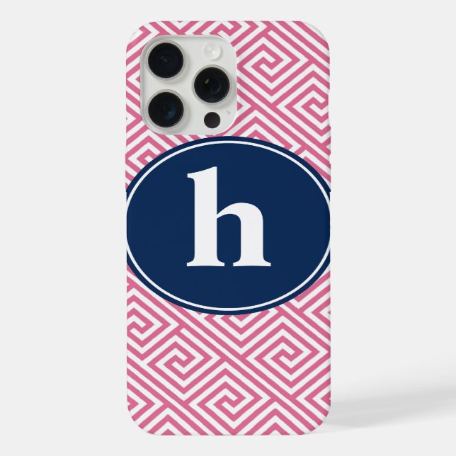 Pink and Navy Blue Greek Key Pattern Monogram iPhone Hülle (Rückseite)