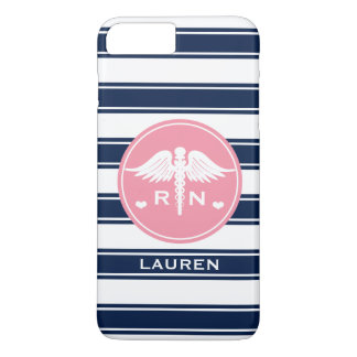 PINK AND NAVY STRIPE CADUCEUS NURSE RN iPhone 8 PLUS/7 PLUS HÜLLE