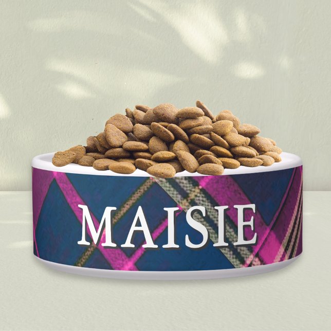 Pink and Navy Tartan Plaid Personalized Pet Dog Napf (A stylish, personalized dog bowl, with tartan plaid pattern in pink, blue and golden tones)