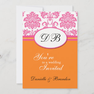 Pink and Orange Damask Monogram Wedding Invitation Einladung