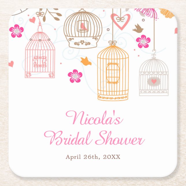 Pink and Orange Floral Bird Cages Bridal Shower Rechteckiger Pappuntersetzer (Vorderseite)