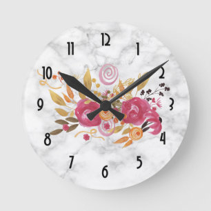 Pink and Orange Flower Bouquet on Marble Texture Runde Wanduhr
