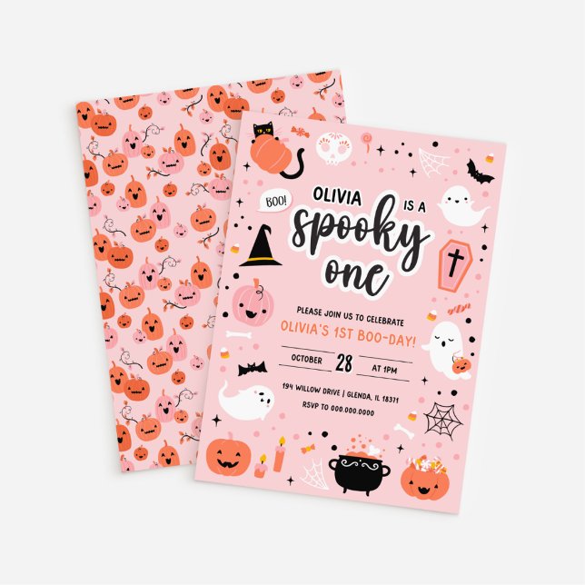 Pink and Orange Halloween 1st Birthday Invitation  Einladung (White BG Pink and Orange Halloween 1st Birthday Invitation)