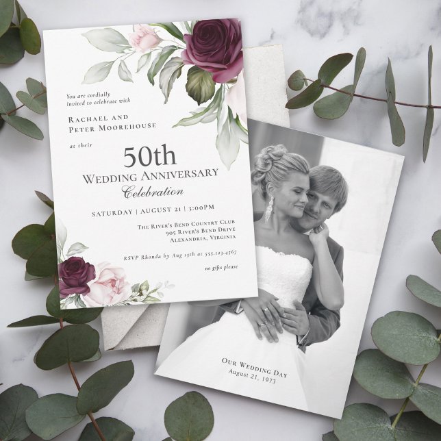 Pink and Plum Botanical Photo 50th Anniversary Einladung (This elegant photo invitation may be ordered as printed or digital download.)