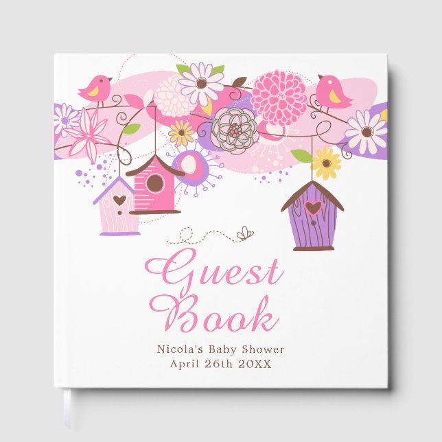 Pink and Purple Floral Bird Houses Baby Shower Gästebuch (Vorderseite)