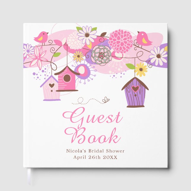 Pink and Purple Floral Bird Houses Bridal Shower Gästebuch (Vorderseite)