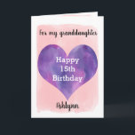 Pink and Purple Happy 15th Birthday Granddaughter Karte<br><div class="desc">A pretty purple and pink 15th birthday granddaughter card that feature a watercolor heart against pretty pink watercolor, which you can personalize underneath the heart with name. The inside of this watercolors birthday card reads a heartfelt detection, which an be easily personalized. The back feys the heart along with Happy...</div>
