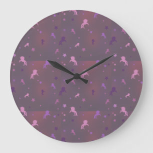pink and purple unicorn and stars pattern große wanduhr