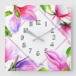 Pink and Purple Violet Floral Wall Clock Quadratische Wanduhr