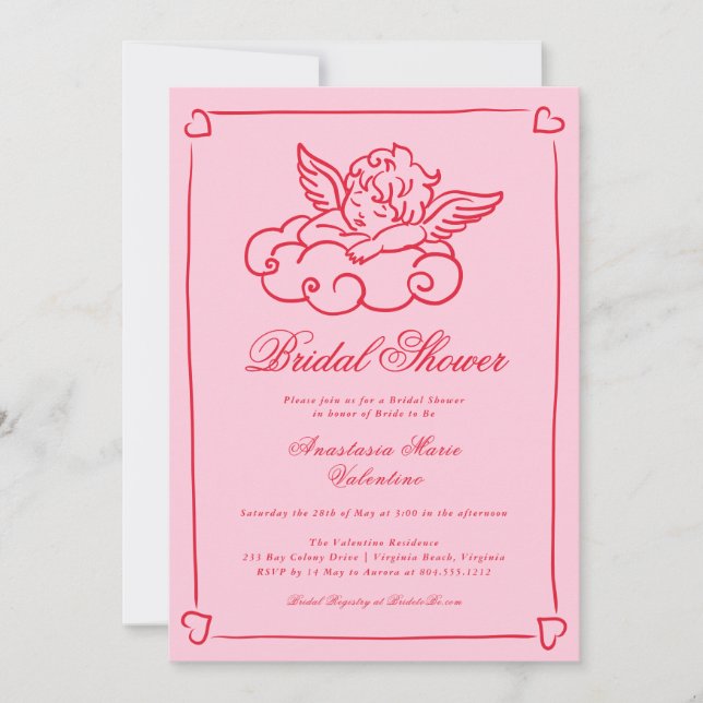 Pink and Red Cherub Whimsical Bridal Shower  Einladung (Vorderseite)