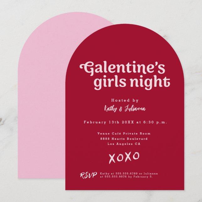 Pink and Red Galentine's Girls Night Party Modern  Einladung (Vorne/Hinten)
