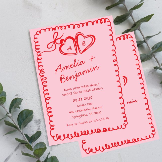 pink and red hand drawn heart Whimsical Wedding  Einladung (Von Creator hochgeladen)