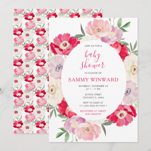 Pink and Red Peony Flowers Baby Shower Einladung (Vorne/Hinten)