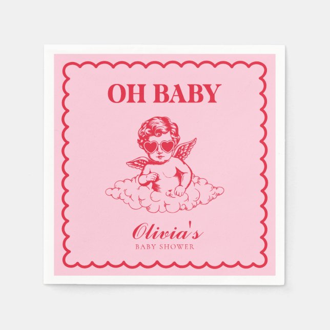 Pink and Red Retro Cherub Baby Shower Serviette (Vorderseite)