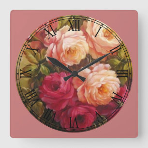 Pink and Red Roses Fine Art Roman Numeral Quadratische Wanduhr
