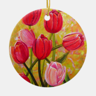 Pink and Red Tulip Bouquet Keramik Ornament