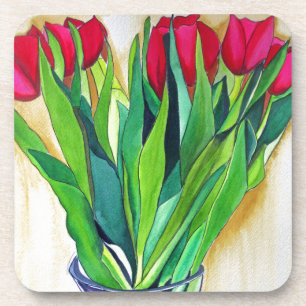 pink and red tulips watercolor art getränkeuntersetzer