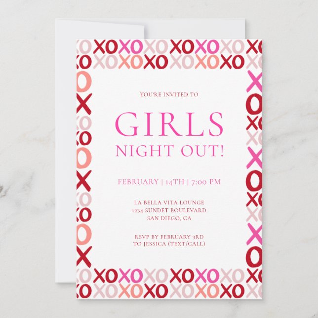 Pink and Red XOXO Girls night out Galentine's day Einladung (Vorderseite)