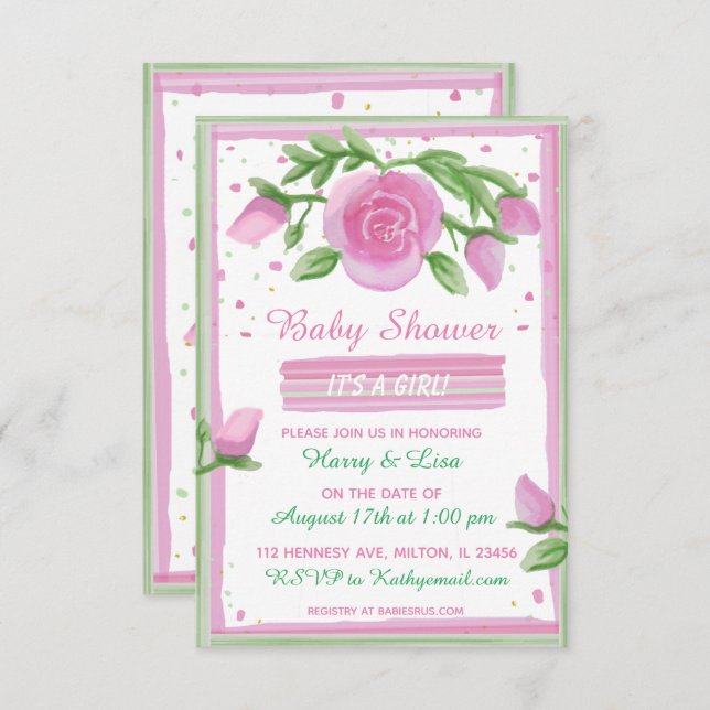 Pink and Sage Watercolor Rose Girl's Baby Shower Einladung (Vorne/Hinten)