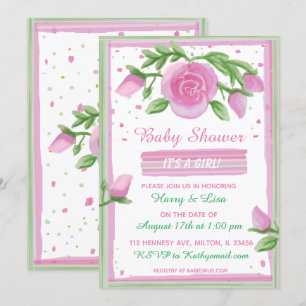 Pink and Sage Watercolor Rose Girl's Baby Shower Einladung