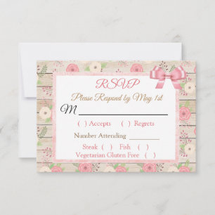 PInk and tan Rustic Wood Floral Wedding RSVP Karte