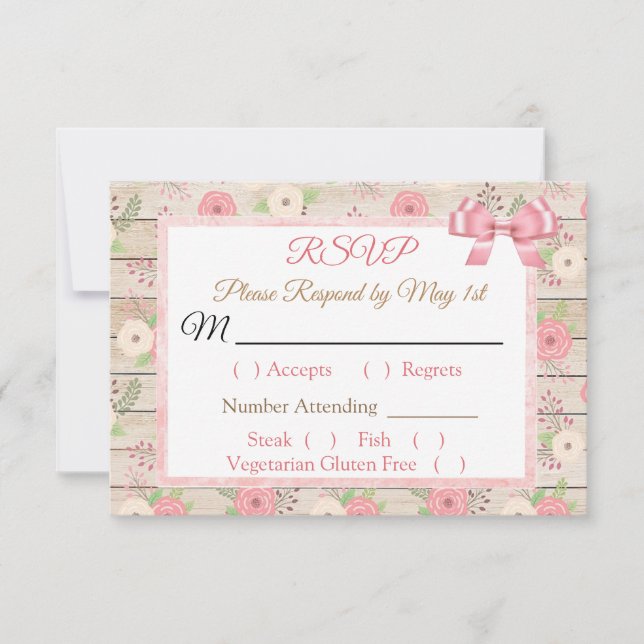 PInk and tan Rustic Wood Floral Wedding RSVP Karte (Vorderseite)