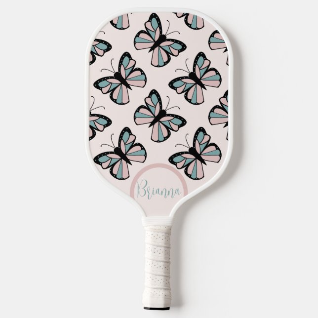 Pink and Turquoise Butterfly Pattern  Pickleball Schläger (Rückseite)