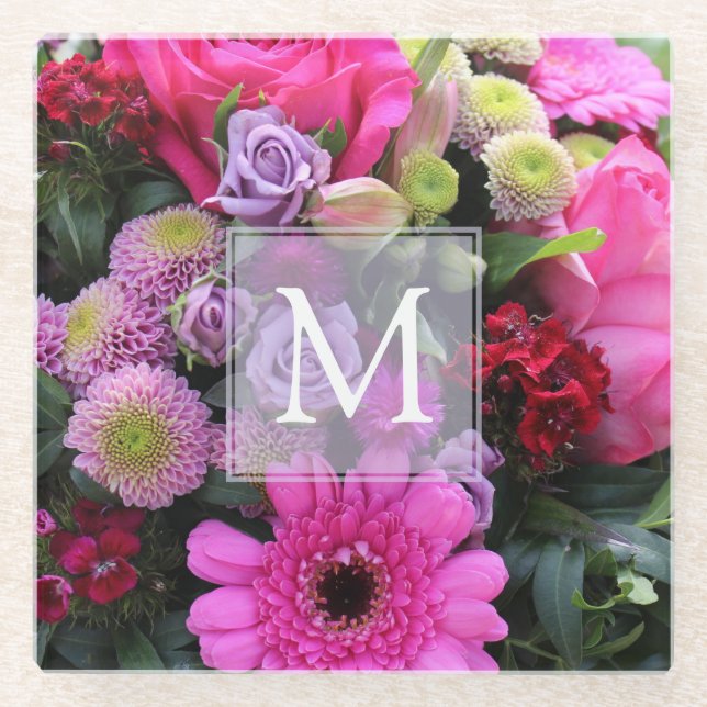Pink and Violet Flowers Personalised Monogram Glasuntersetzer (Vorderseite)