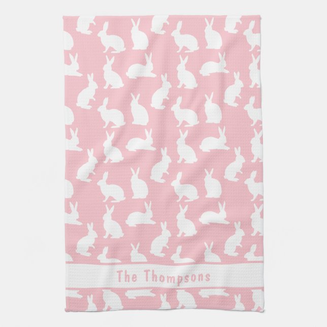 Pink And White Bunny Pattern And Name Easter Geschirrtuch (Vertikal)