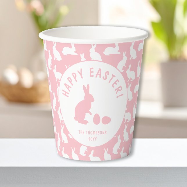 Pink And White Bunny Rabbit Pattern Happy Easter Pappbecher (Von Creator hochgeladen)