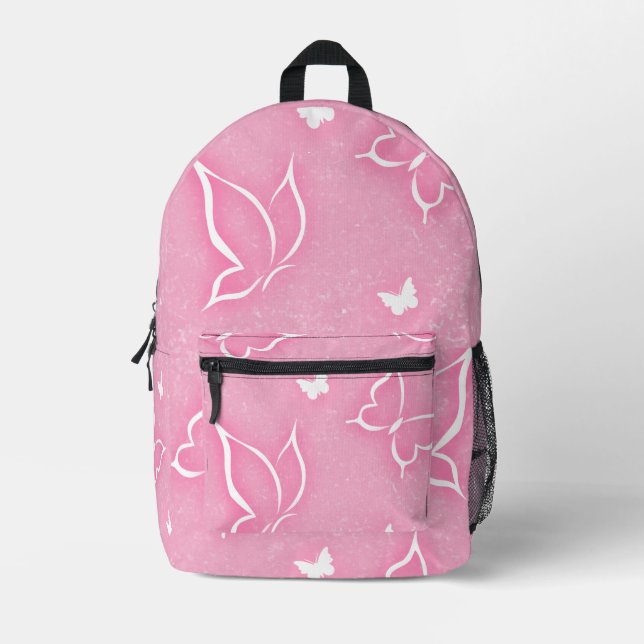 Pink and White Butterflies Sparkle Pink Background Bedruckter Rucksack (Vorderseite)