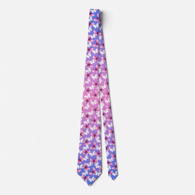 Pink and White Butterfly Pattern Neck Tie Krawatte (Vorderseite)