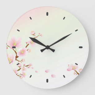 Pink And White Cherry Blossom Nature Monogram Große Wanduhr