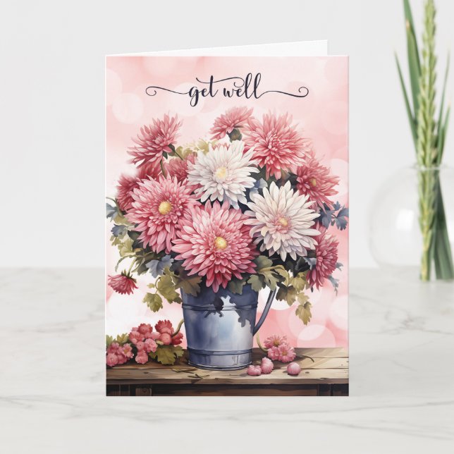 Pink and White Chrysanthemum Bouquet Get Well Karte (Vorderseite)