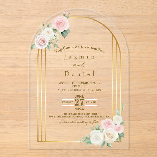 Pink And White Dusky Rose Blooms Gold Wedding Acryleinladungen