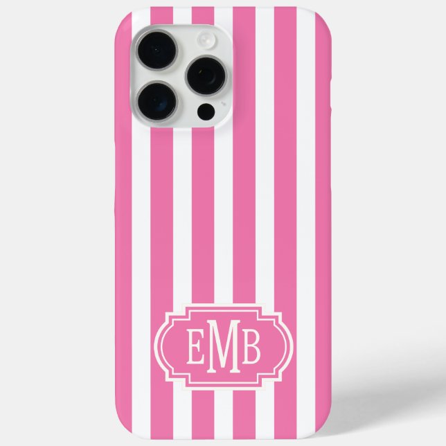 Pink and White Monogrammed Stripes Case-Mate iPhone Hülle (Rückseite)