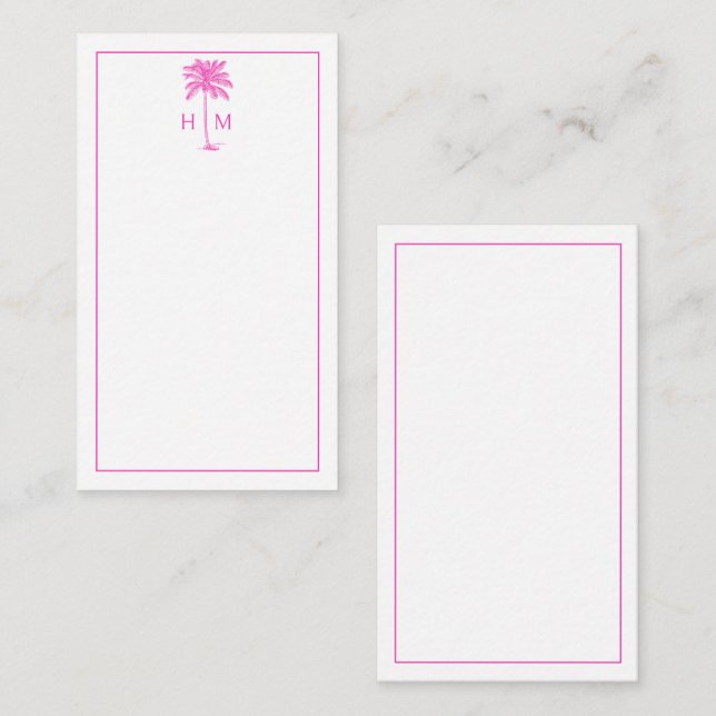 Pink and White Palm Palmetto Tree Monogram Mitteilungskarte (Vorne/Hinten)