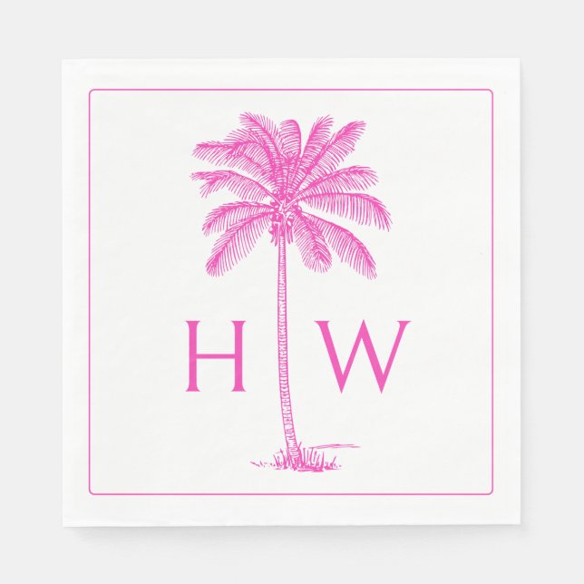 Pink and White Palm Palmetto Tree Monogram Serviette (Vorderseite)