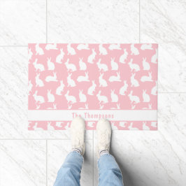 Pink And White Pattern Of Bunnies With A Name Fußmatte