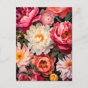 pink and white peony flowers with green leaves postkarte