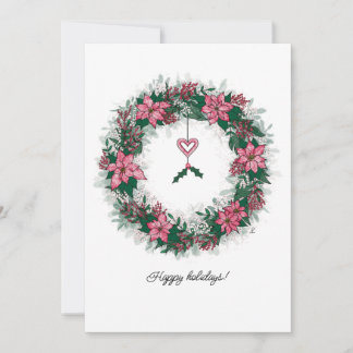 Pink and White Poinsettia Holiday Wreath Feiertagskarte