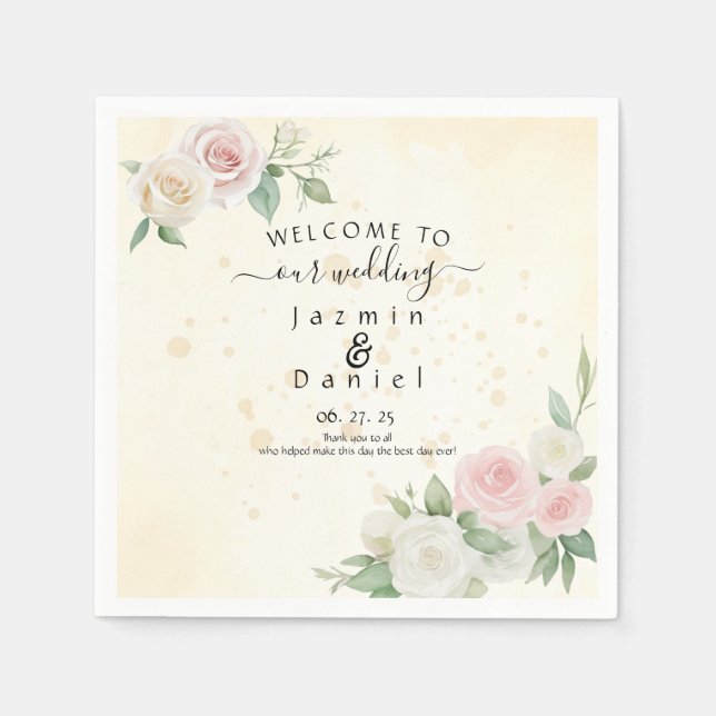 Pink and White Rose Dusky Blooms Program Fans Serviette (Vorderseite)