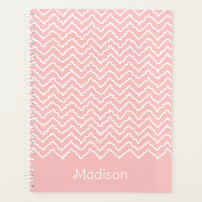 Pink And White Squiggly Chevron Zigzag With Name Planer (Vorderseite)