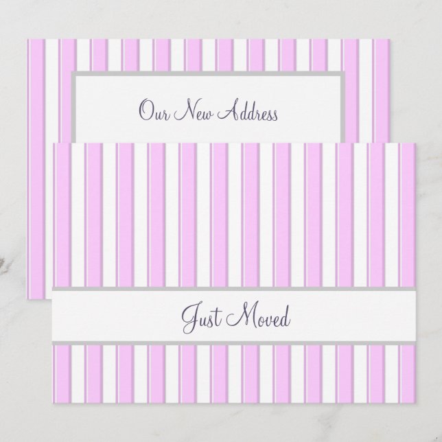 Pink and White Stripes Editable Script New Address Ankündigung (Vorne/Hinten)