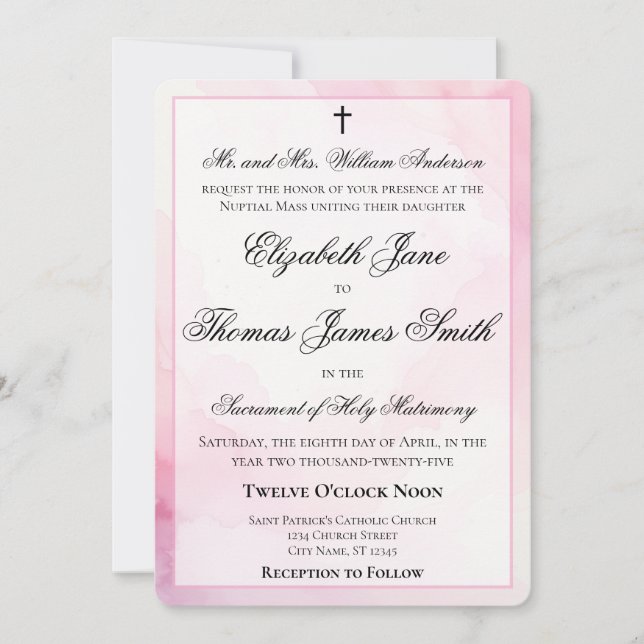 Pink and White Watercolor Catholic Wedding Einladung (Vorderseite)