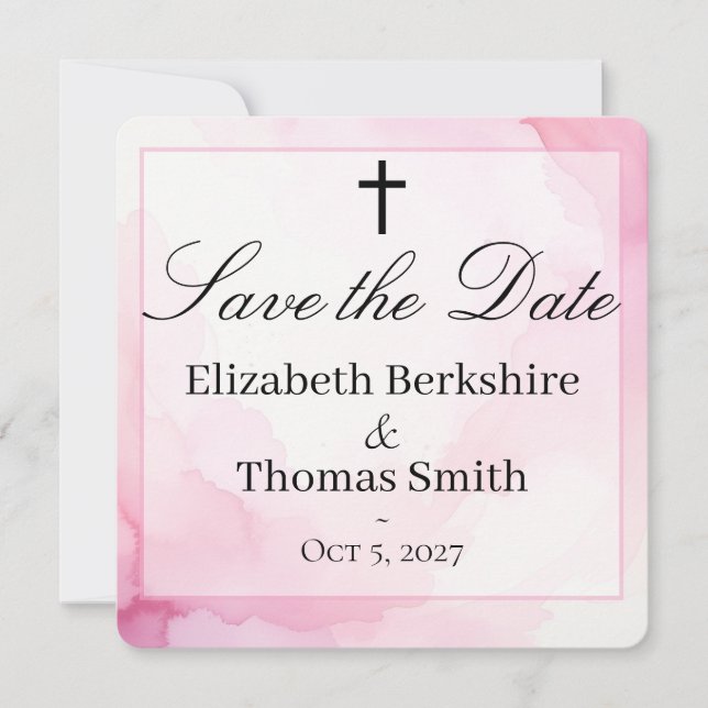 Pink and White Watercolor Catholic Wedding Save The Date (Vorderseite)