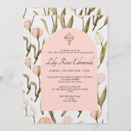 Pink and White Watercolor Tulips Baptism Invitatio Einladung