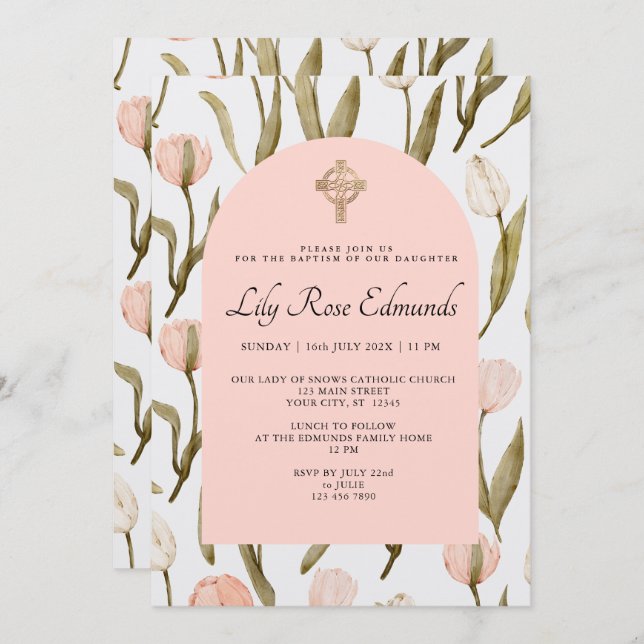 Pink and White Watercolor Tulips Baptism Invitatio Einladung (Vorne/Hinten)